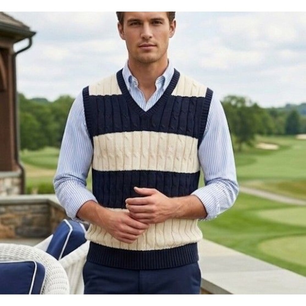 NWOT Vintage 90s Tommy Hilfiger Size L Striped Cable Knit Sweater Vest Big Flag